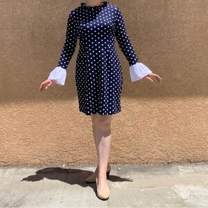 Unique Vintage Navy and White Polka Dot Long Sleeve Dress